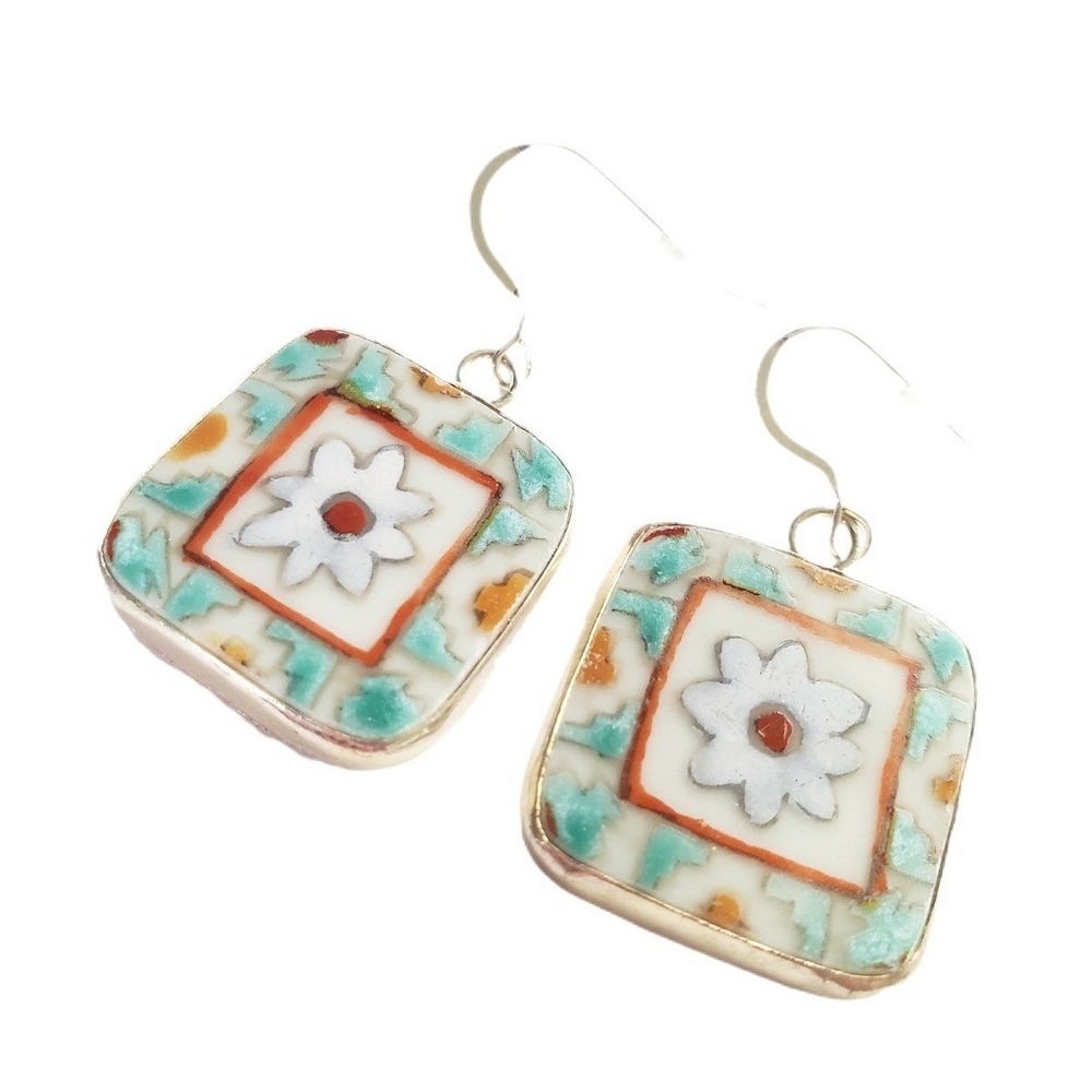 Boho Square Tile Floral Drop Earrings Pottery Shard Turquoise Orange French Hook